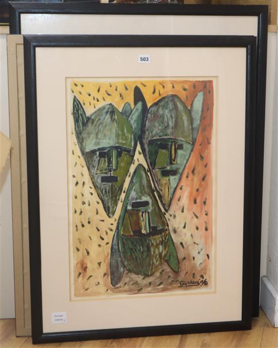 Steynhaus, mixed media on paper, Studies of African masks, signed and dated 96, largest 64 x 47cm (4)